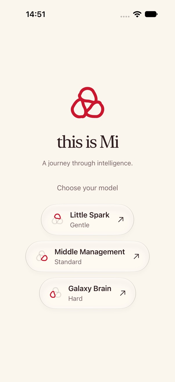 The start screen: the Mi symbol and three models to choose from, Little Spark, Middle Management and Galaxy Brain