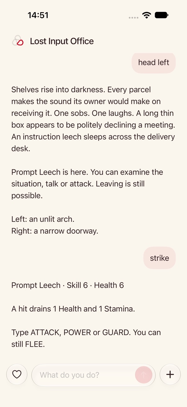 A typed encounter with a Prompt Leech, showing its Skill and Health